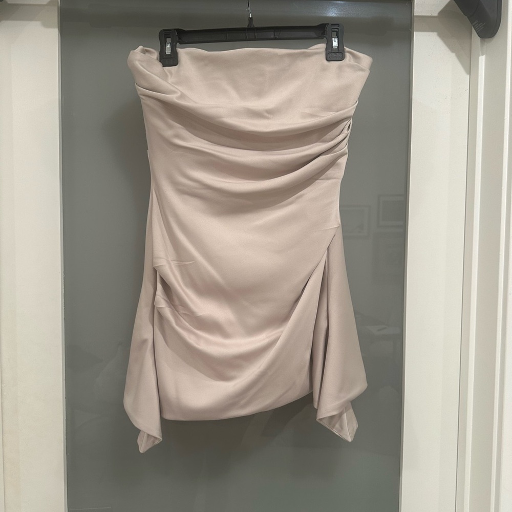 House of CB Blush Nude Strapless Draped Mini Dress
